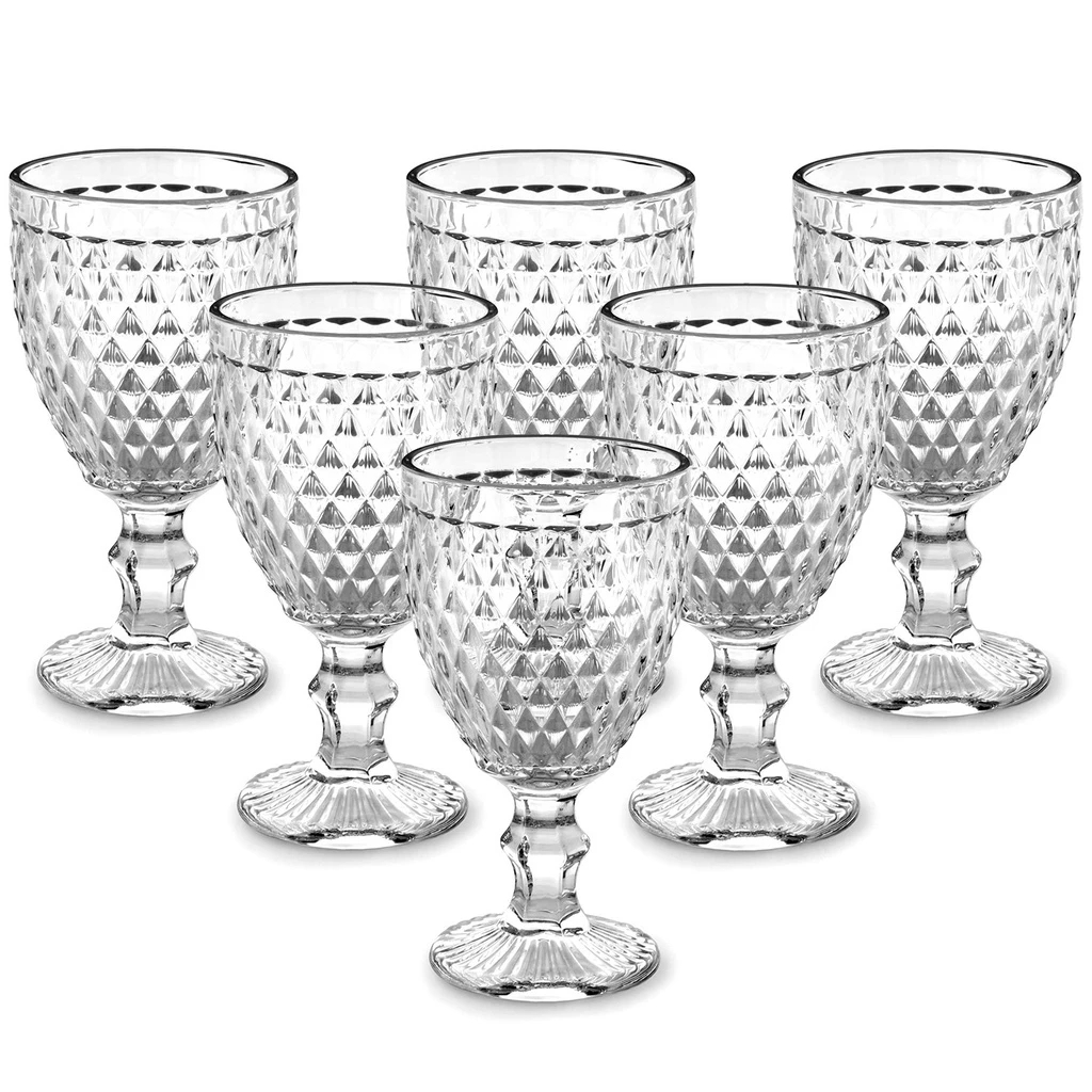 Jogo 6 Taças Diamante 325ml Conjunto Copo Vidro Transparente Bico De Abacaxi Agua Suco Vinho Festa