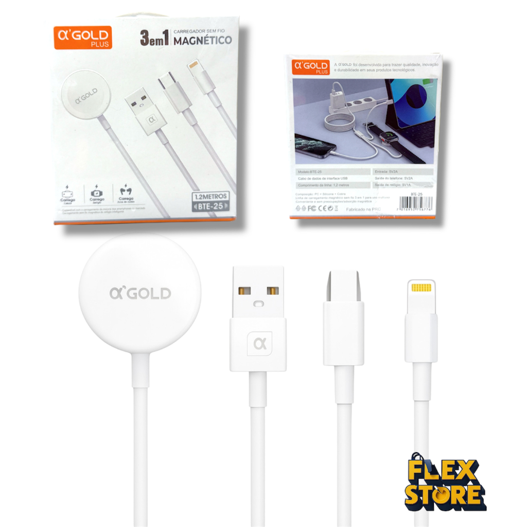 Carregador Magnético por Indução 3 em 1 Sem Fio para SmartWatch αGOLD  BTE-25 USB/ Tipo-C /Lightning iPhone 1.2m