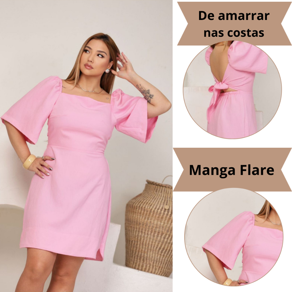 Vestido Feminino Midi Amarelo Manteiga Ciganinha com Bojo Acima do Joelho Manga Flare Amarra nas Costas em Oferta na Shopee