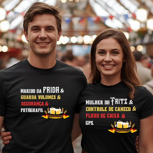 Camiseta Premium Oktoberfest - Mulher do Fritz e Marido da Frida - adulto unissex 100% algodão