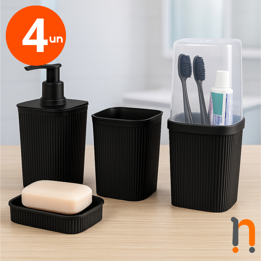 Kit Banheiro Porta Escova Preto Cinza Metalizado PLASUTIL em Oferta na Shopee