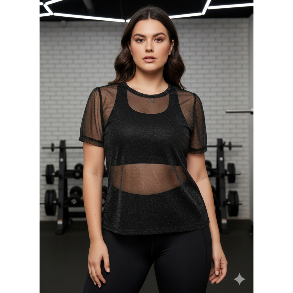 Blusa Feminina Transparente emTule com Manga Curta - Camiseta Academia Treino Fitness (P M G)