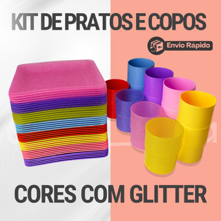 Kit Refeição e Lanche - Pratos Quadrado e Copo de 200ML de Plástico Efeito Glitter Diversas Cores