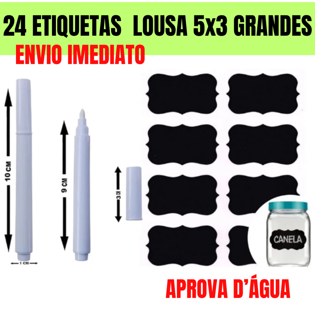 Kit Etiquetas Adesivas Temperos em Vinil 24 Unidades Preta 5x3 cm + Caneta Branca de Giz Líquido