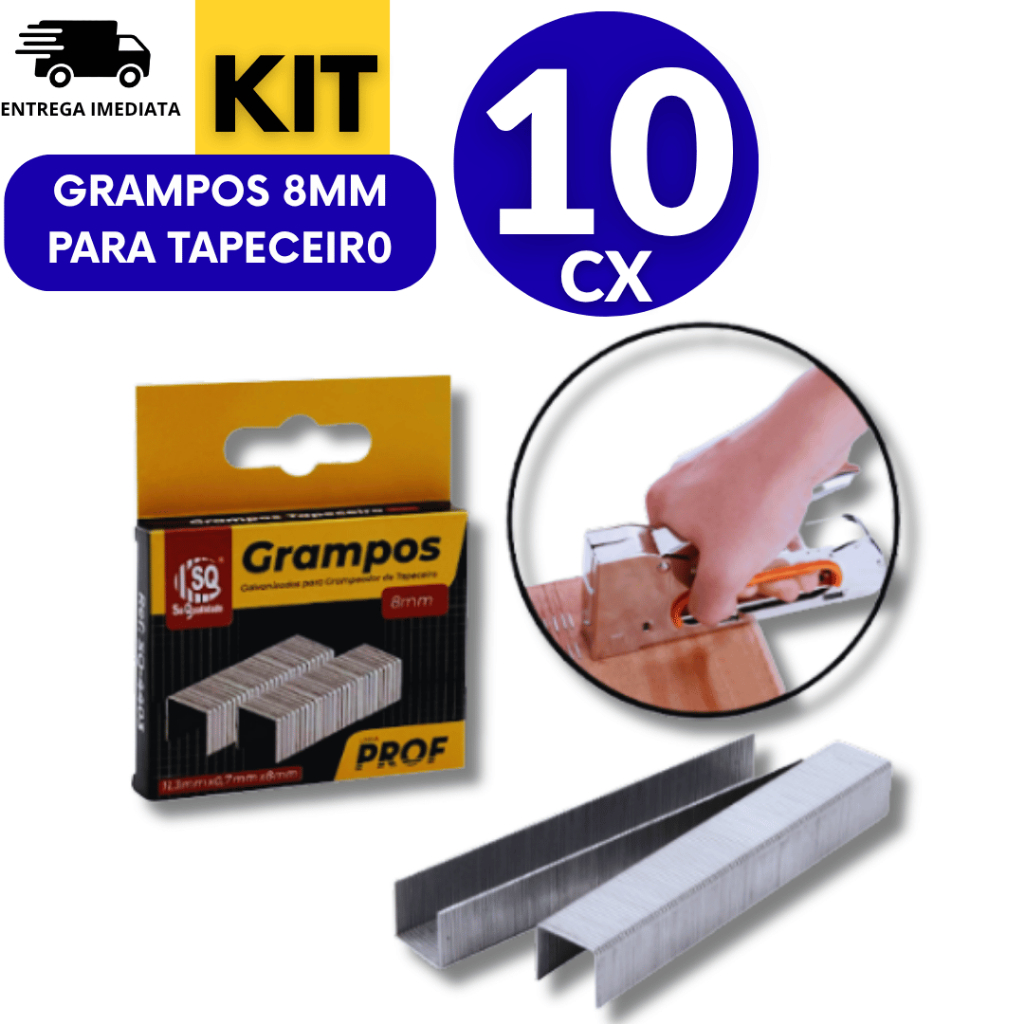 Conjunto 10 caixas - 10 Mil Grampos Galvanizados 8MM P/ Grampeador De Tapeceiro Para Estofado Marceneiro Artesão