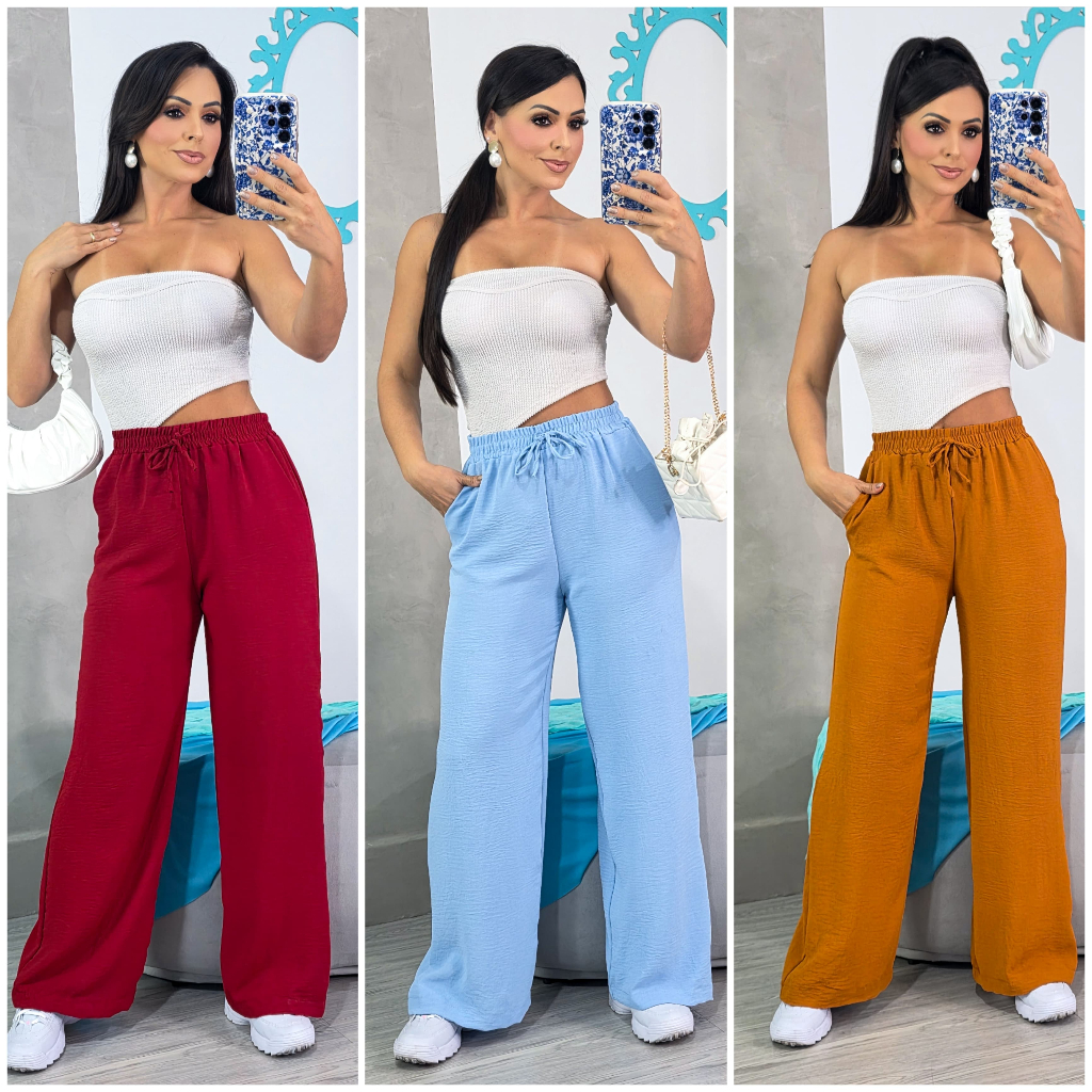 Calça Pantalona Feminina Cintura Alta Com Bolso Tecido Duna 2025