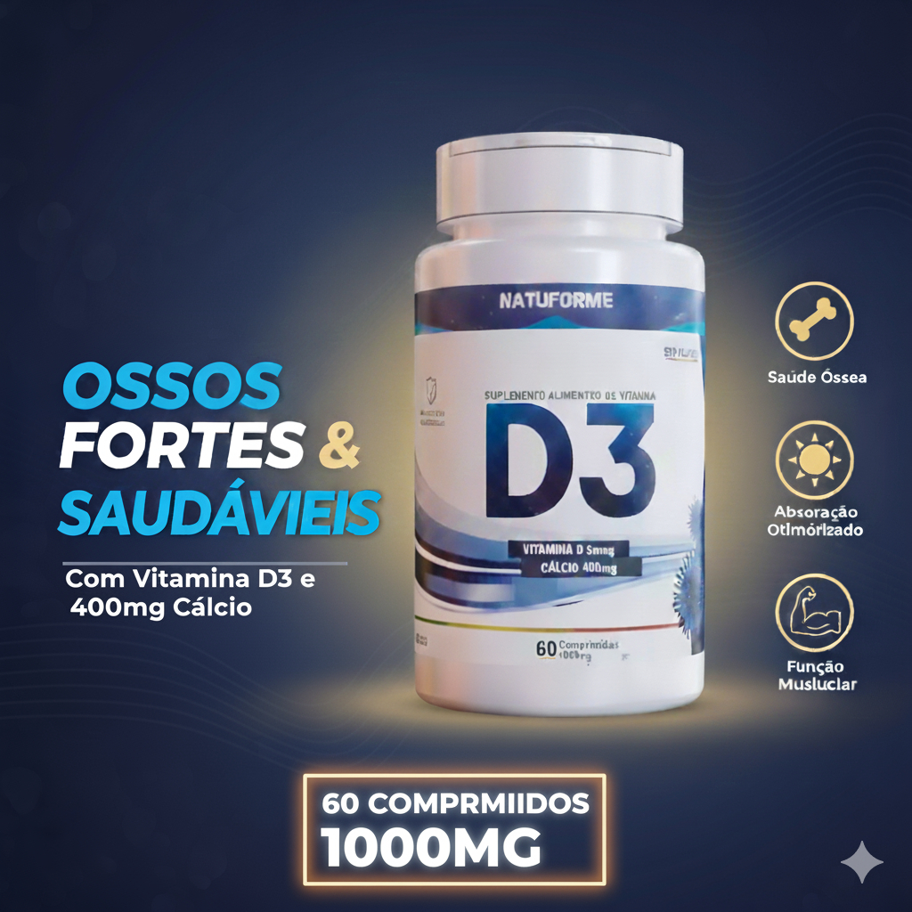 SUPLEMENTO PREMIUM VITAMINA D3 + CÁLCIO 400MG | 60 COMPRIMIDOS com 1000mg | SAÚDE ÓSSEA