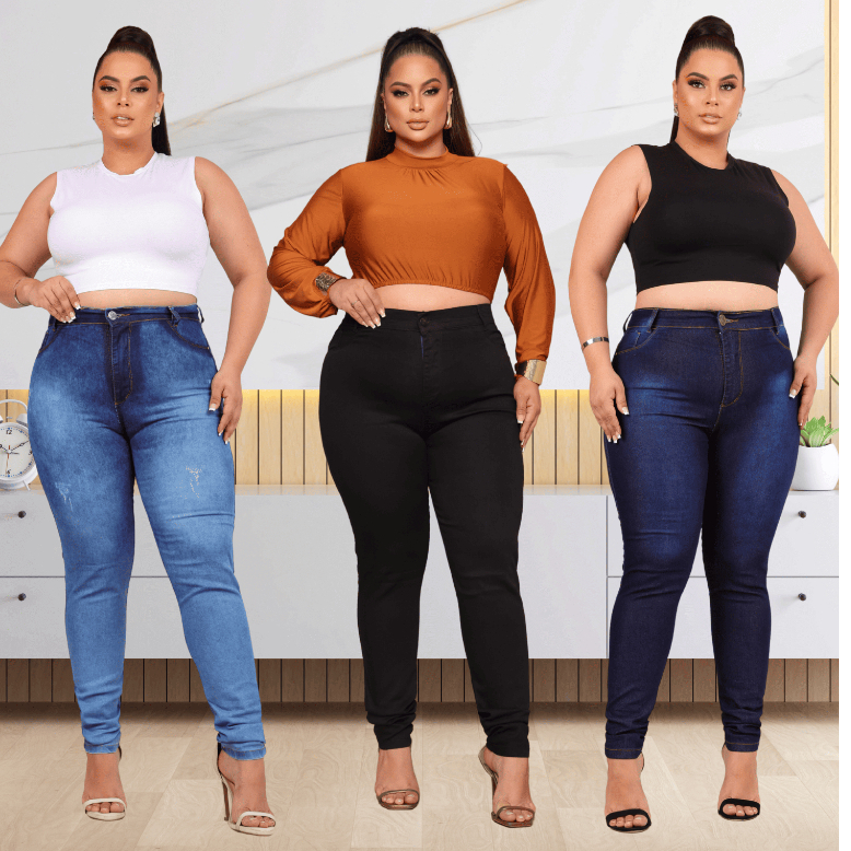 KIT 03 Calças Jeans Feminina Plus Size Com Elastano Levanta Bumbum do 46 ao 56 em Oferta na Shopee
