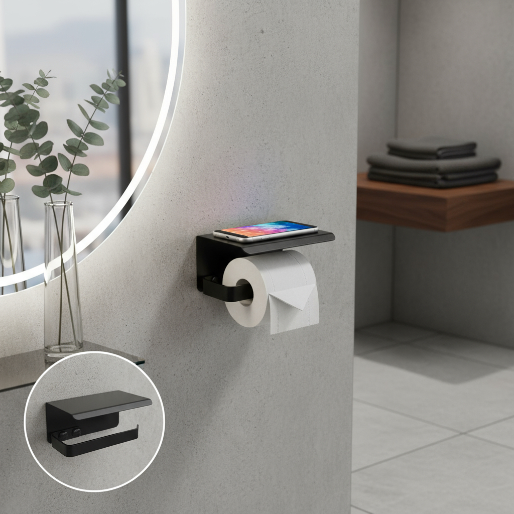 Suporte Papel Higiênico de Parede Alumínio Preto Fosco – Porta Papel com Apoio para Celular