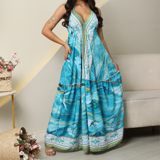 VESTIDO INDIANO VERÃO ESTAMPADO VARIAS CORES VISCOLINHO  LONGO ABERTURA NAS COSTAS ALSINHA CORTE V em Oferta na Shopee