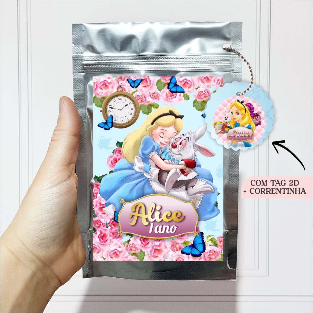Saquinho Metalizado Hermético 12x19 com Fecho Zip | Embalagem Tema Alice no País das Maravilhas Festa Lembrancinha