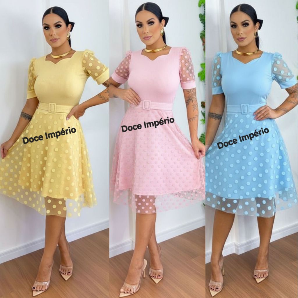 Vestido Tule Poa Moda Evangelica Com Cinto em Oferta na Shopee