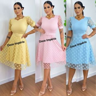 Vestido Tule Poa Moda Evangelica Com Cinto em Oferta na Shopee