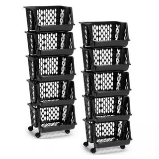 Cesto Organizador Platileira Multiuso Com Rodinha Plástico 2, 3,4 e 5 Andares Empilhável Expositor  Preto Resistente em Oferta na Shopee