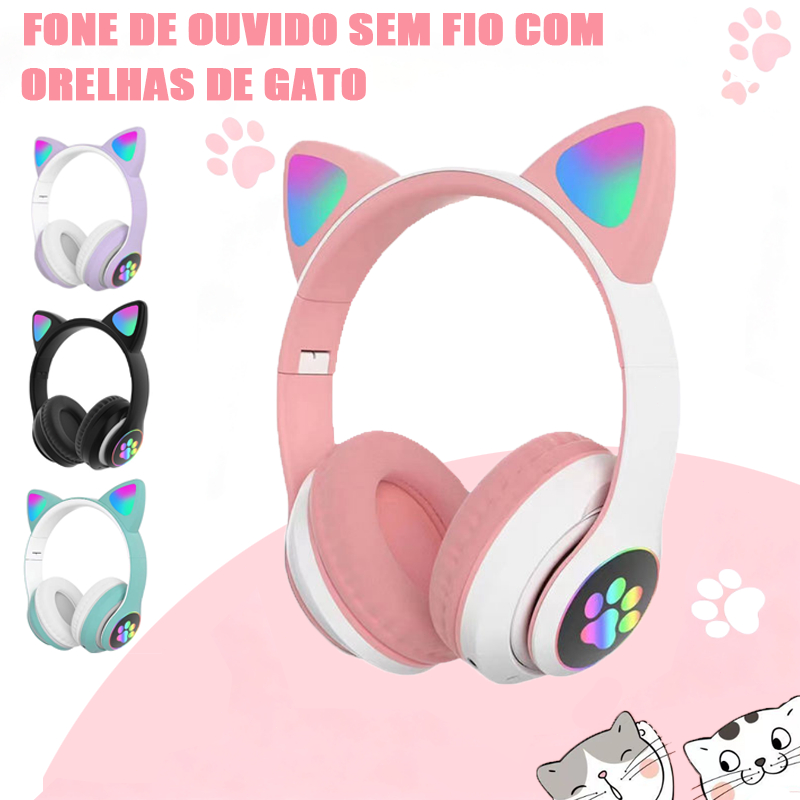 Fone Orelha Gato Gatinho Headphone Bluetooth Led Sem Fio Microfone X4