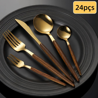 Faqueiro 24/48 Peças Aço Inox Cabo Estampa De Madeira em Oferta na Shopee