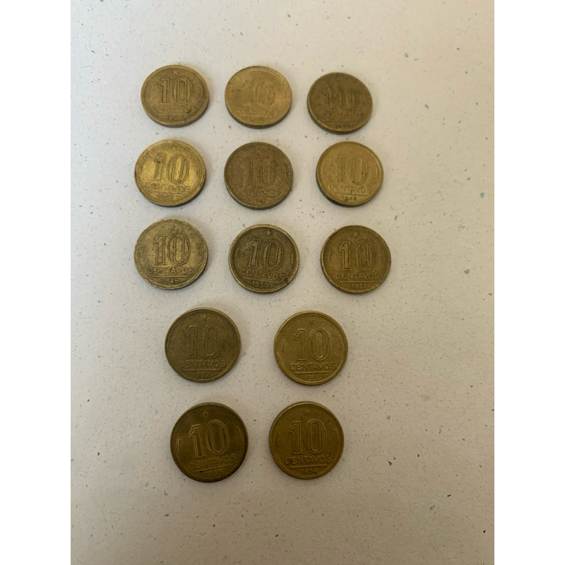 série completa 10 centavos de cruzeiros 1943, 1944, 1945, 1946, 1947, 1948, 1949, 1950, 1951, 1952, 1953, 1954 e 1955