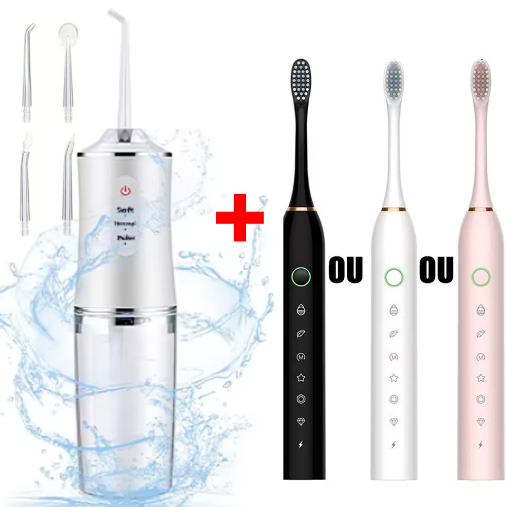 Conjunto de escova de dentes elétrica,irrigador oral recarregável,limpeza oral higiênica e portátil em Oferta na Shopee
