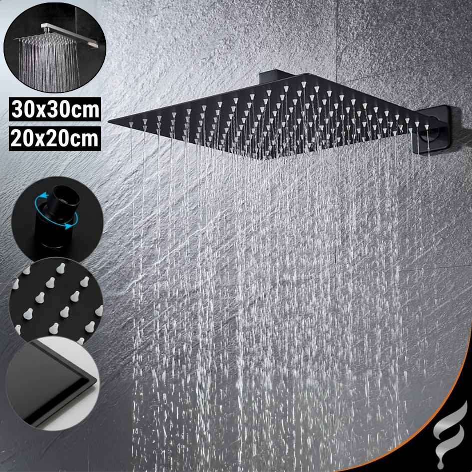 Chuveiro Ducha Aço Inox Quadrado Articulado Banheiro Piscina Área Externa 30x30cm Com Braço Preto