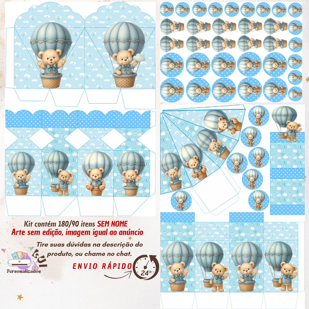 KIT COM 180/90 ITENS LEMBRANCINHAS S/COM NOME TEMA: CHA DE BEBÊ URSINHO BALOEIRO  (Envio Rápido)