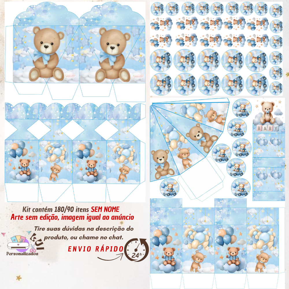 KIT COM 180/90 ITENS LEMBRANCINHAS S/COM NOME TEMA: CHA DE BEBÊ URSINHO AZUL  (Envio Rápido)