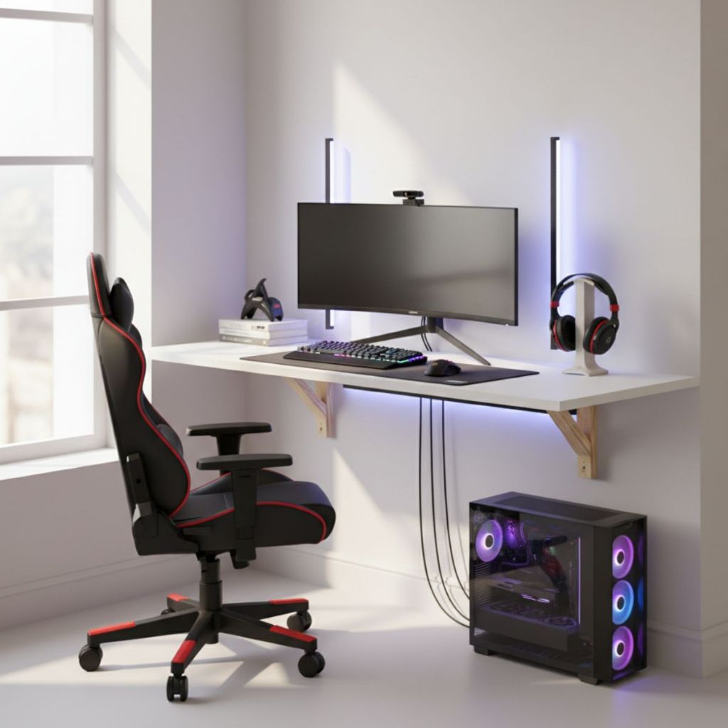 Mesa Estudos Trabalho Jogos MDF Bancada Escrivaninha Suspensa Prateleira Multiuso Home Office