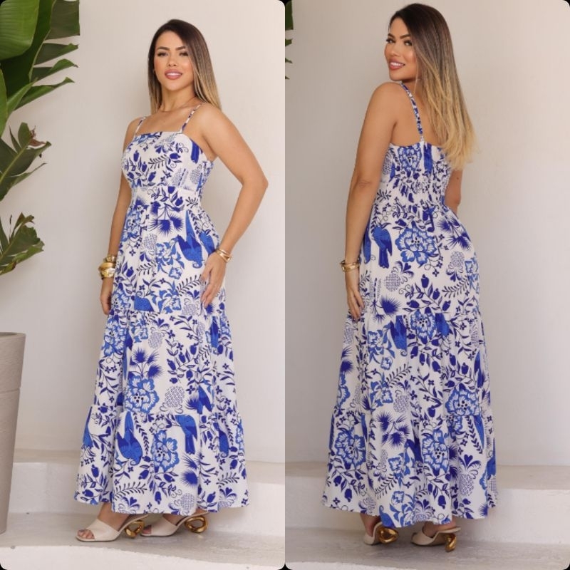 Vestido Longo Feminino Estampado Com Bolho Alça Regulável Com LASTEX nas Costas em Oferta na Shopee