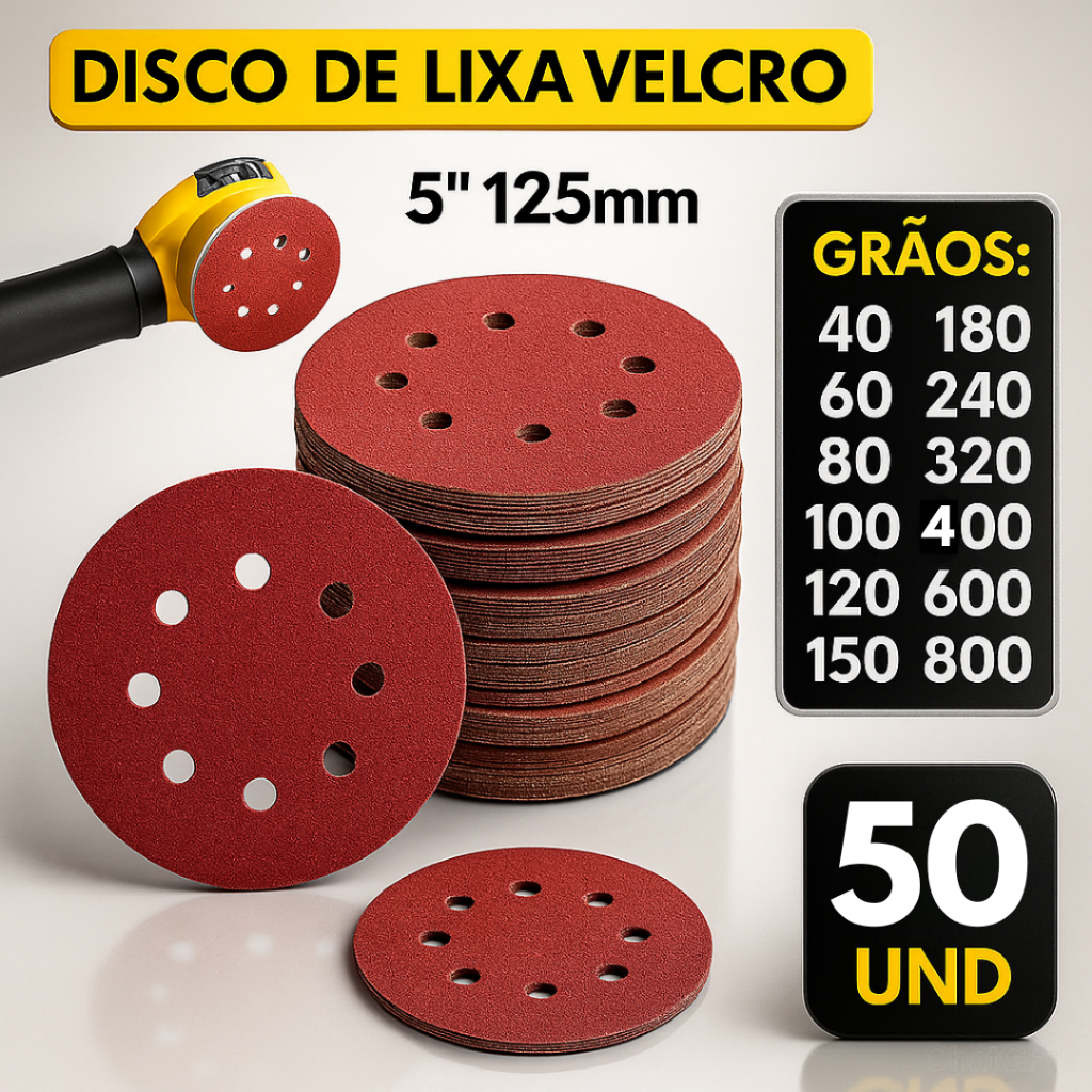 Kit 50 Disco Lixa com Velcro 125mm 8 Furos Rokit Politriz Lixadeira Roto Orbital
