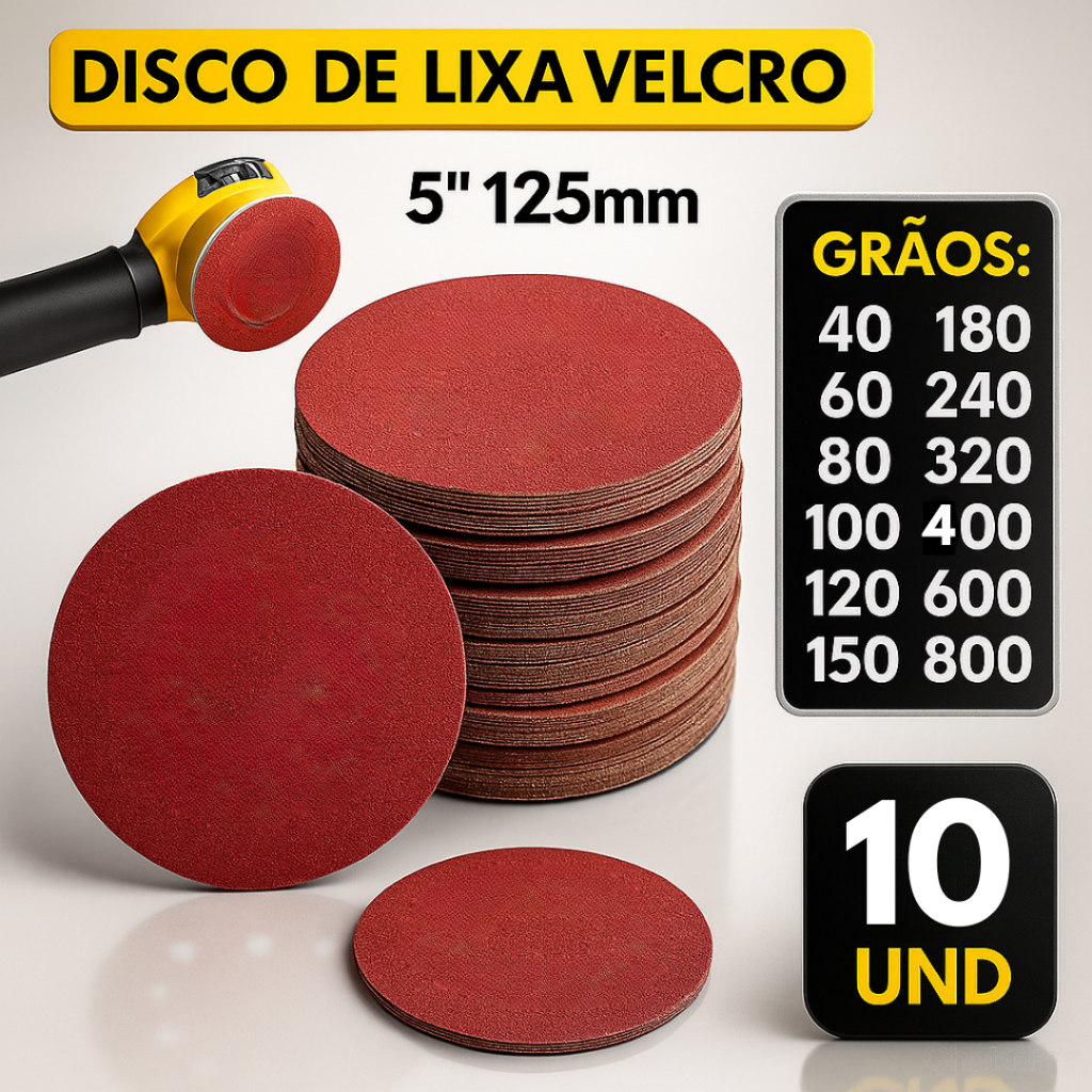 Kit 10 Disco Lixa Velcro Sem Furos Lixadeira Roto Orbital para Ferro, Metal, Madeira e Massa 125mm