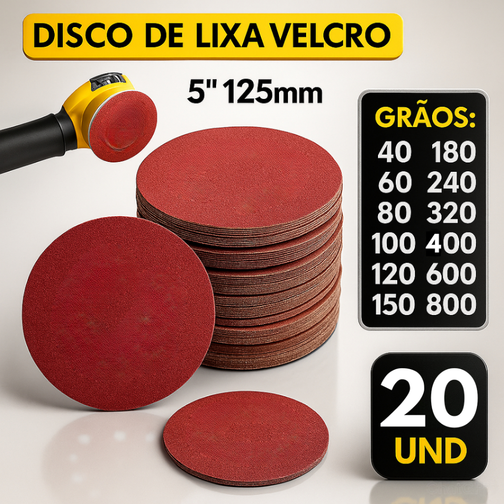 Kit 20 Disco Lixa Velcro Sem Furos Lixadeira Roto Orbital para Ferro, Metal, Madeira e Massa 125mm em Oferta na Shopee