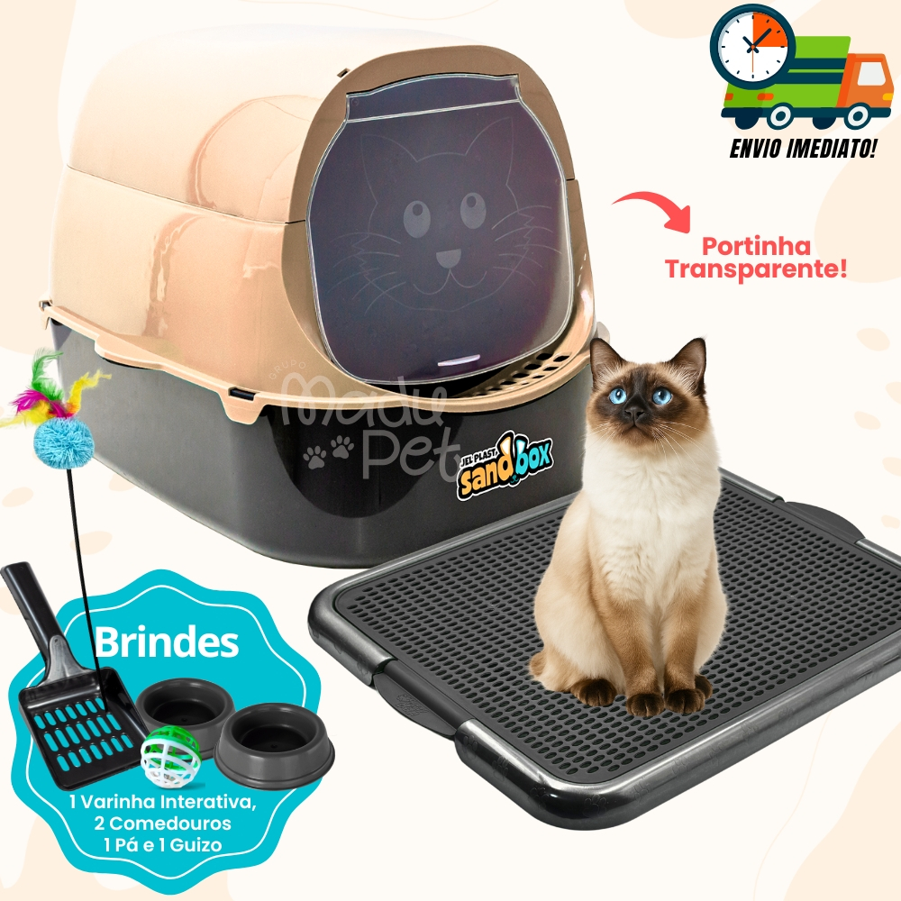 Kit Caixa de Areia para Gatos Fechada Sand Box + Tapete Coletor C/ Pá + 02 Comedouros + Guizo em Oferta na Shopee