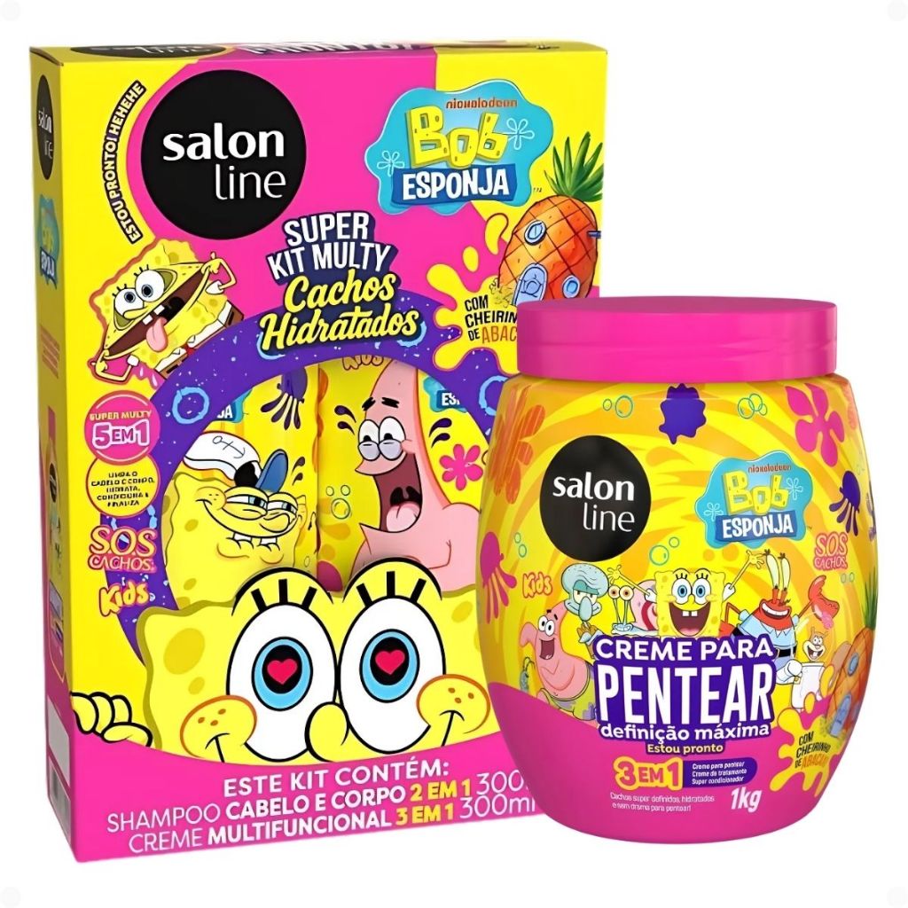 Kit Salon Line Kids Bob Esponja Sos Cachos: Shampoo e Creme 300ml + Creme Para Pentear 1kg