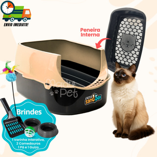 Caixa de Areia Para Gatos Com Tampa Furba + Peneira Interna + Pá Higiênica + 2 Comedouros + 01 Guizo em Oferta na Shopee