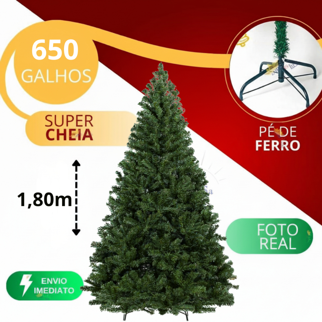 Árvore de Natal Luxo Super Cheia Verde 1,80m – 350 a 650 Galhos com Base de Ferro em PVC