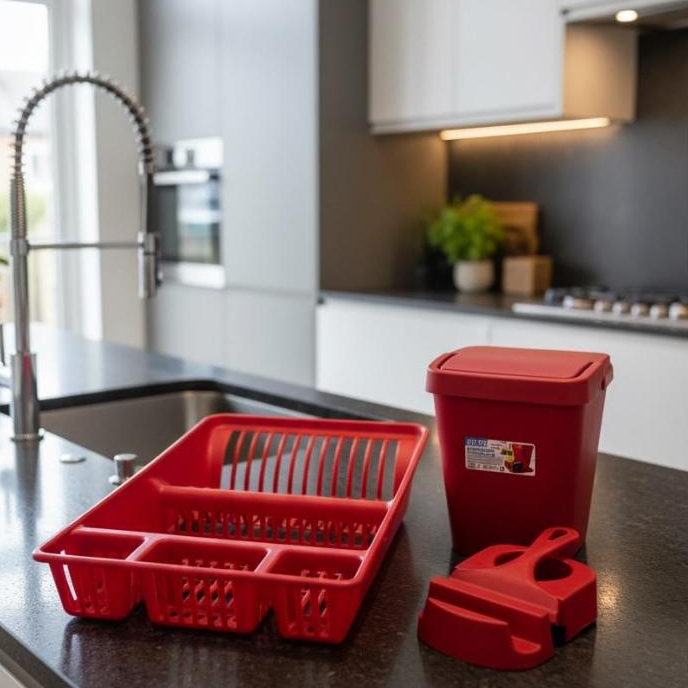 Escorredor de Louça + Kit Pia3 peças Vermelho - Organizador Completo para Cozinha em Oferta na Shopee