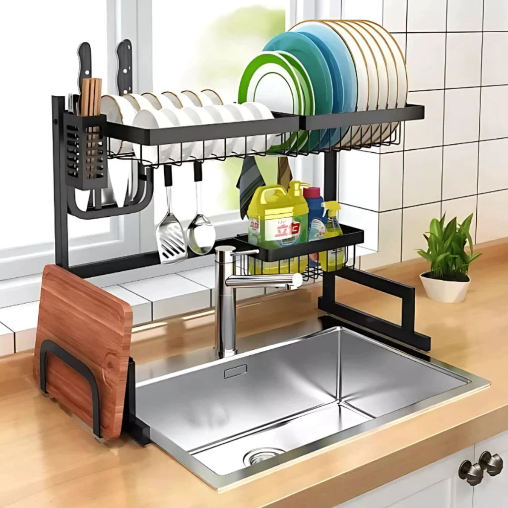 Escorredor de Louças Organizador de Pia Grande Preto Fosco Suspenso e Funcional em Aço Carbono