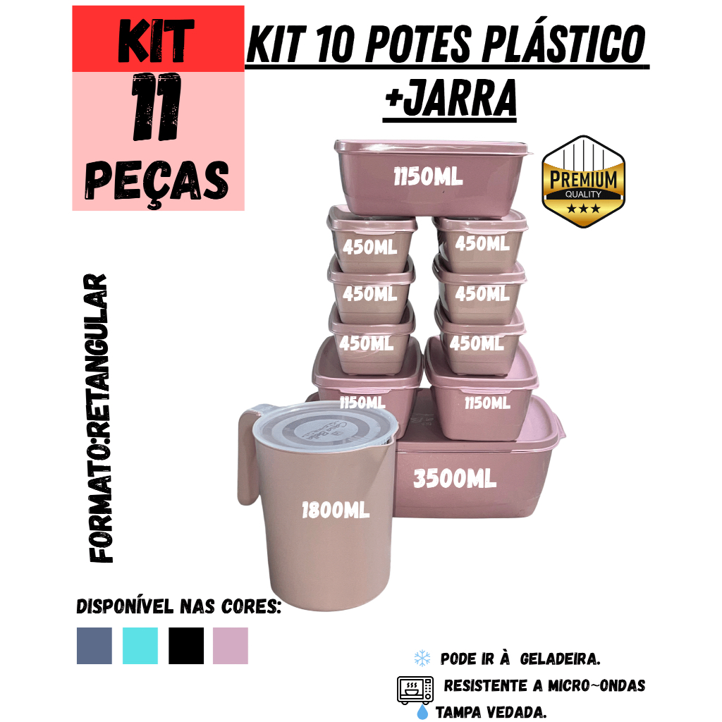 Kit Retangular 10 Potes Herméticos Plástico + Jarra 1,8L | Organização Cozinha Mantimentos Alimentos Livre de BPA
