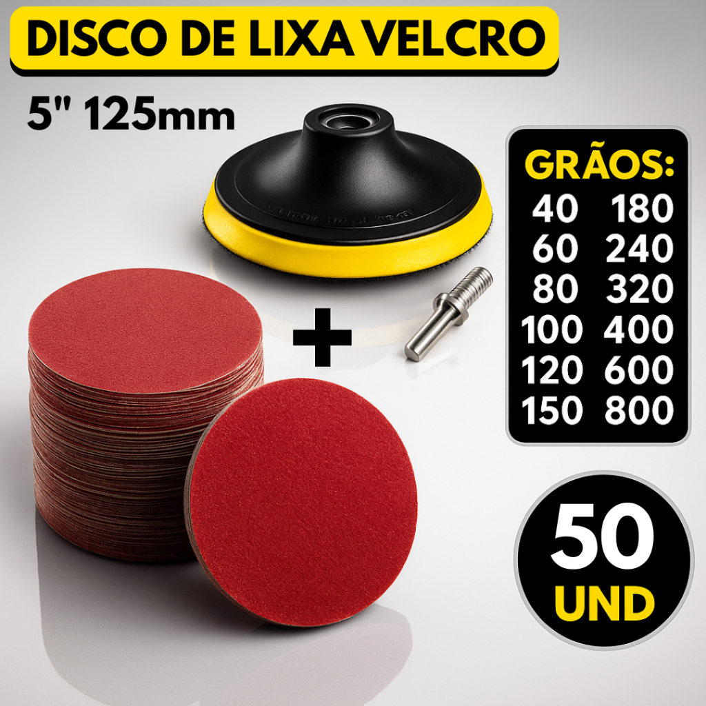Kit Base Suporte 125mm com Adaptador M14 + 50 Lixas Sem Furos Com Velcro 5" Furadeira Esmerilhadeira