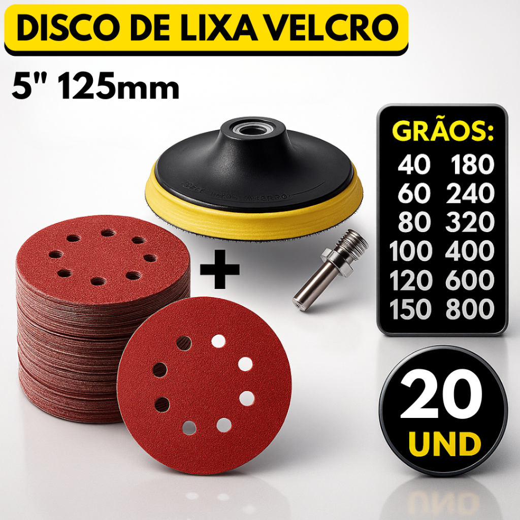 Kit Base Suporte 125mm com Adaptador M14 + 20 Lixas 8 Furos Com Velcro 5" Furadeira Esmerilhadeira Lixadeira Roto Orbita em Oferta na Shopee