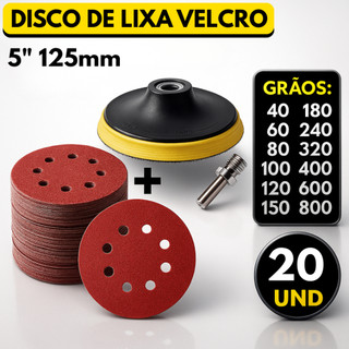 Kit Base Suporte 125mm com Adaptador M14 + 20 Lixas 8 Furos Com Velcro 5" Furadeira Esmerilhadeira Lixadeira Roto Orbita