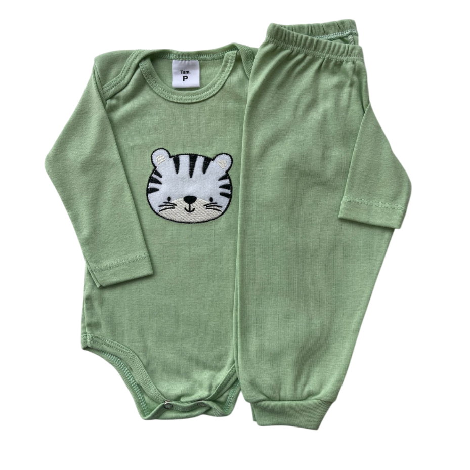Conjunto Bebê Body Bordado Tigre - Manga Longa e Calça Mijão em Oferta na Shopee