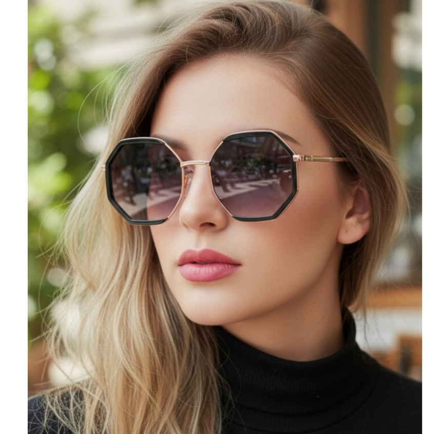 OCULOS DE SOL FEMININO OCTOGONAL RETRO MODA NOVA lente uv400 com case em Oferta na Shopee