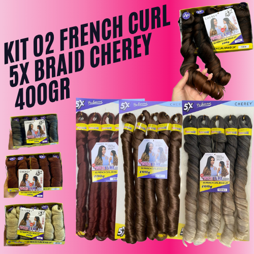 Kit 02 French Curl 5x 60cm jumbo Cherey 400g Fibra Pré-Esticada Trança Boho Ondulada com Cachos Econômico