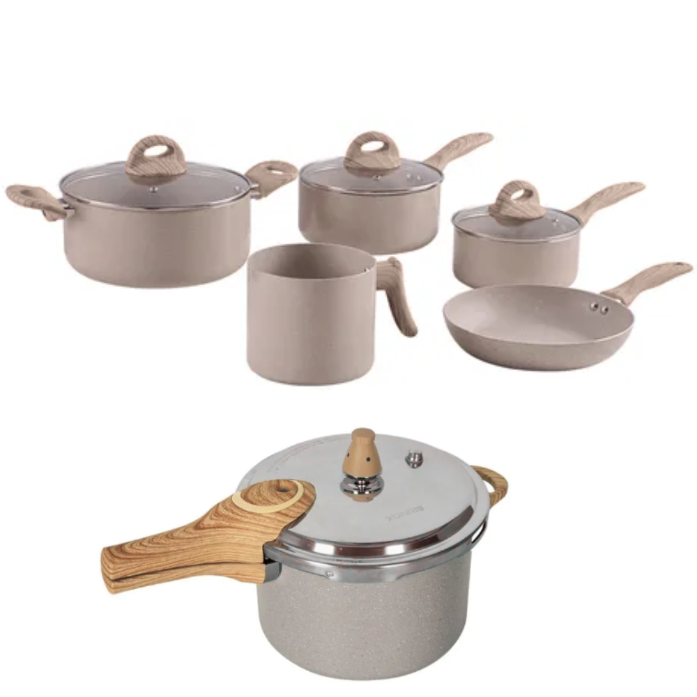 Jogo De Panelas Revestimento Ceramico + Panelas De Pressão Indução 4,2l Areia Brinox