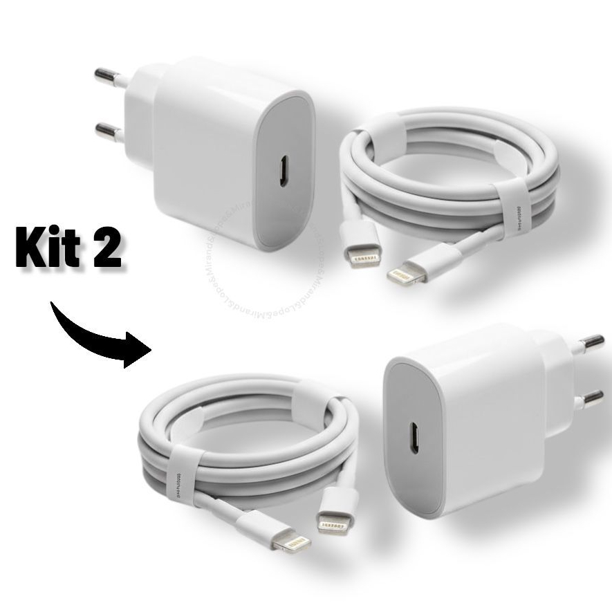 Kit 2 Carregadores Turbo De iPhone Fonte com Cabo Carregamento Rápido 20W