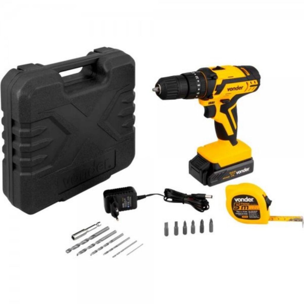 Kit Parafusadeira Compacta Com Impacto 12V Vonder PFV012I Bivolt, 6 Brocas + Maleta + Trena Brinde