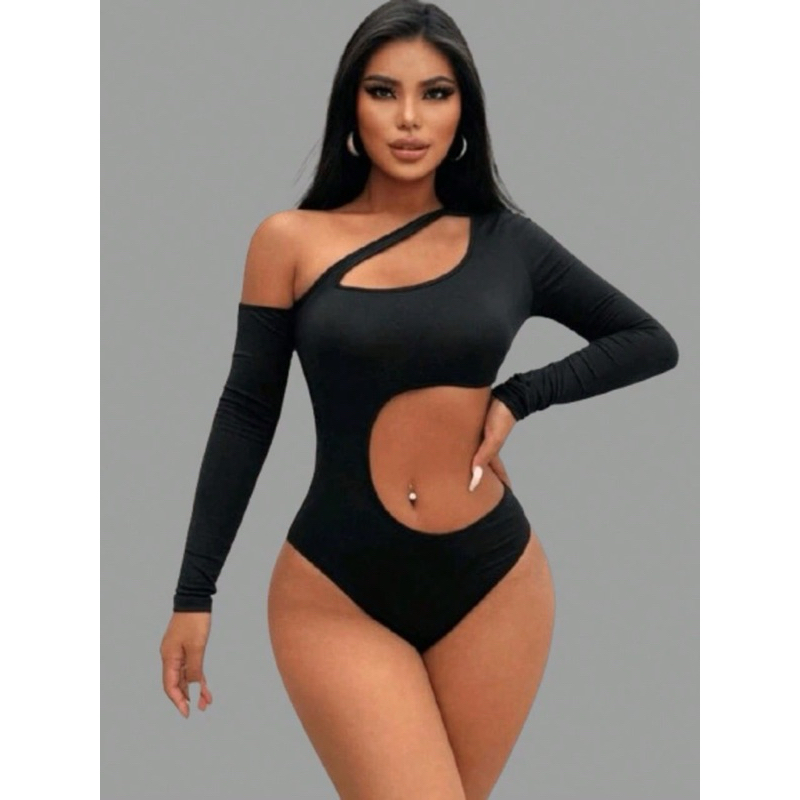 Body suit Preto Sensual Assimétrico com Decote Assimétrico e Vazado em Oferta na Shopee