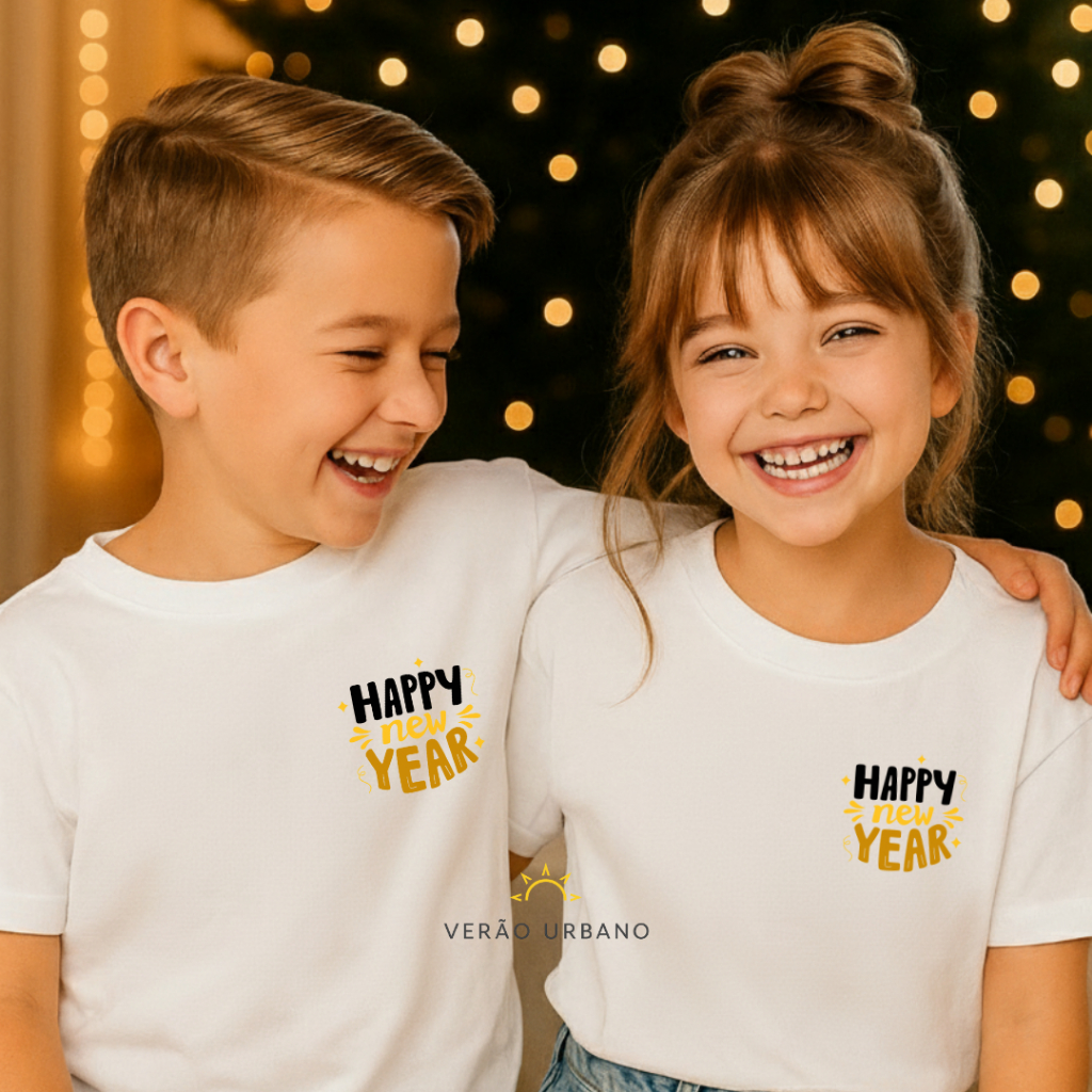 Camiseta Infantil "Feliz Ano Novo" tam 2 ao 16 Camisa Unissex Juvenil