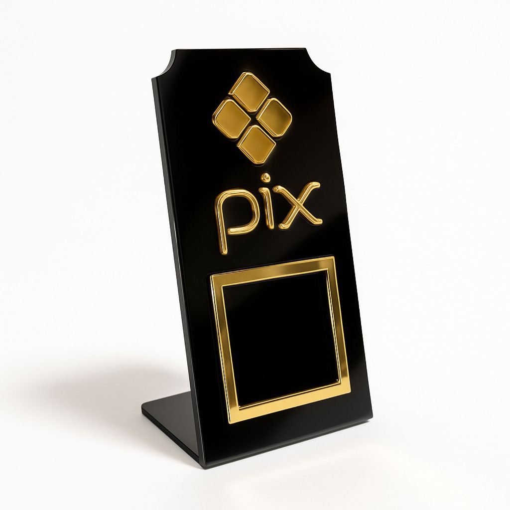 Placa Pix Qr Code Display P/ Pagamento Acrílico Dourado Preto - Mesa Balcão