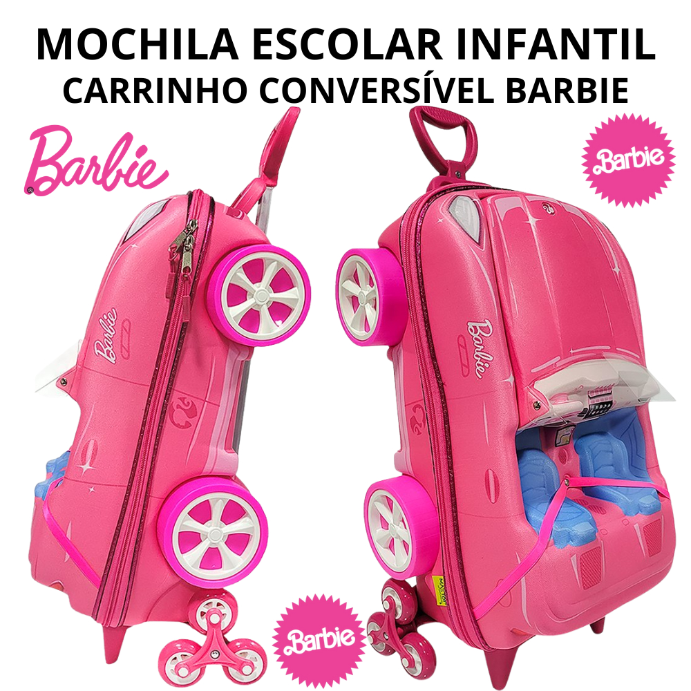 Mala Mochila Escolar Infantil Barbie Carrinho Conversível 3D Rodinhas Viagem Decoração Aventura Rosa